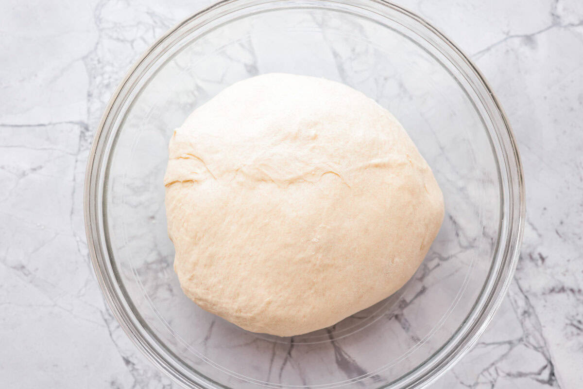 Dough in a bowl before it is proofed. 