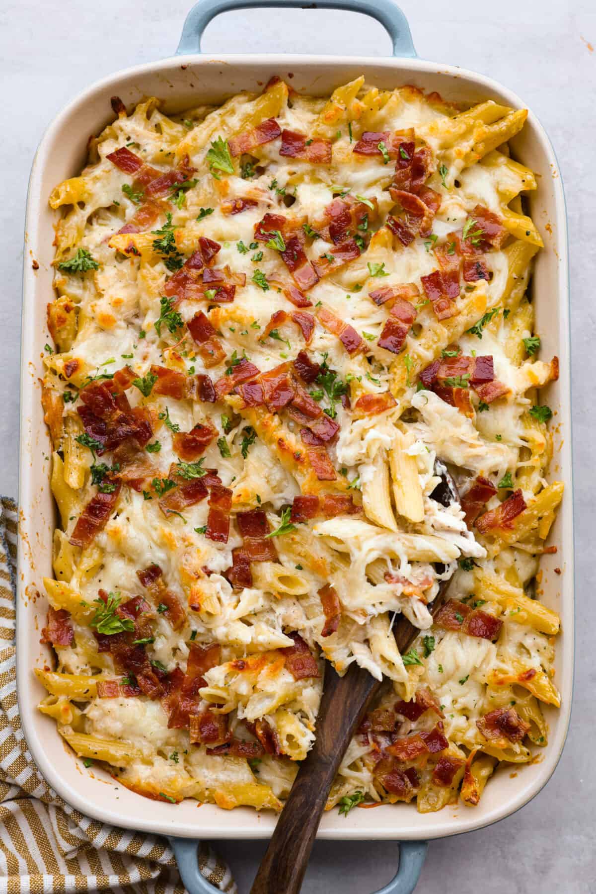 The top view of chicken bacon ranch casserole in a casserole dish. 
