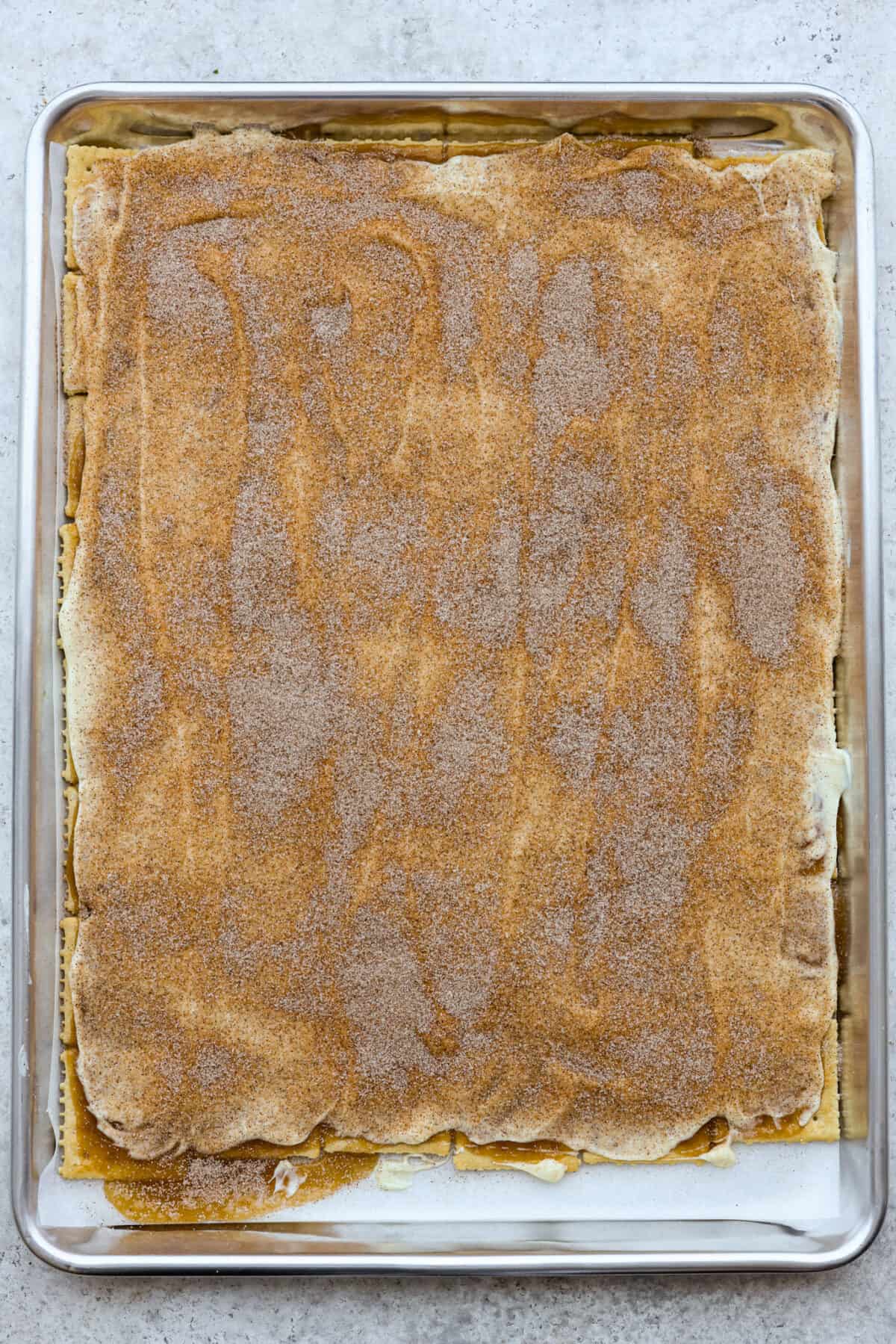 The top view of churro crack in a baking sheet. 