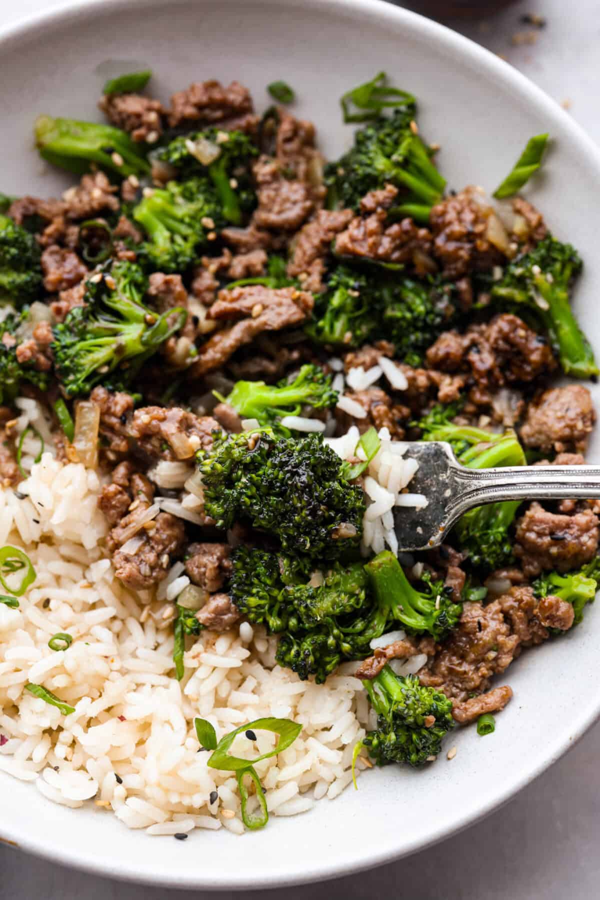Close up shot of plated ground beef and broccoli over rice with a bite on a fork. 