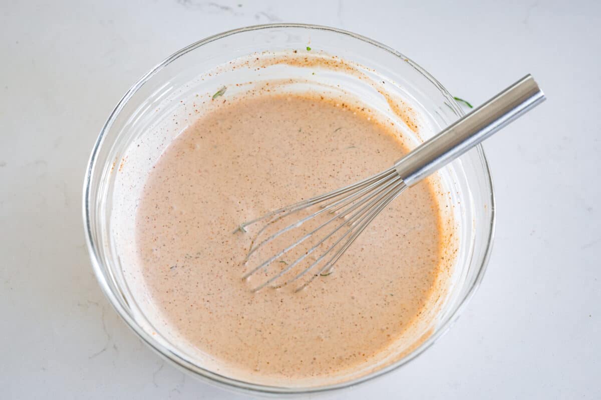 The dressing whisked together.