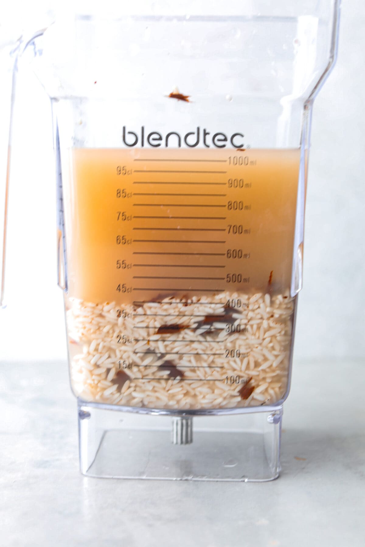 Process photo of the rice water mixture added to a blender.