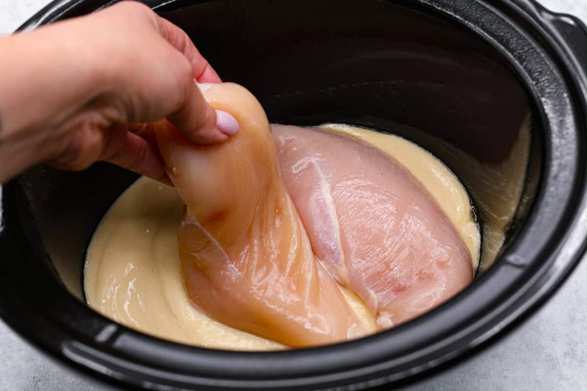 Chicken added to crockpot that has cream of chicken soup on the bottom. 