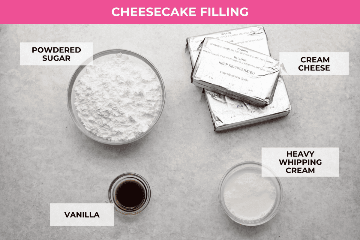 overhead image of ingredients to make the cheesecake filling in various bowls, along with 3 packages of cream cheese. 