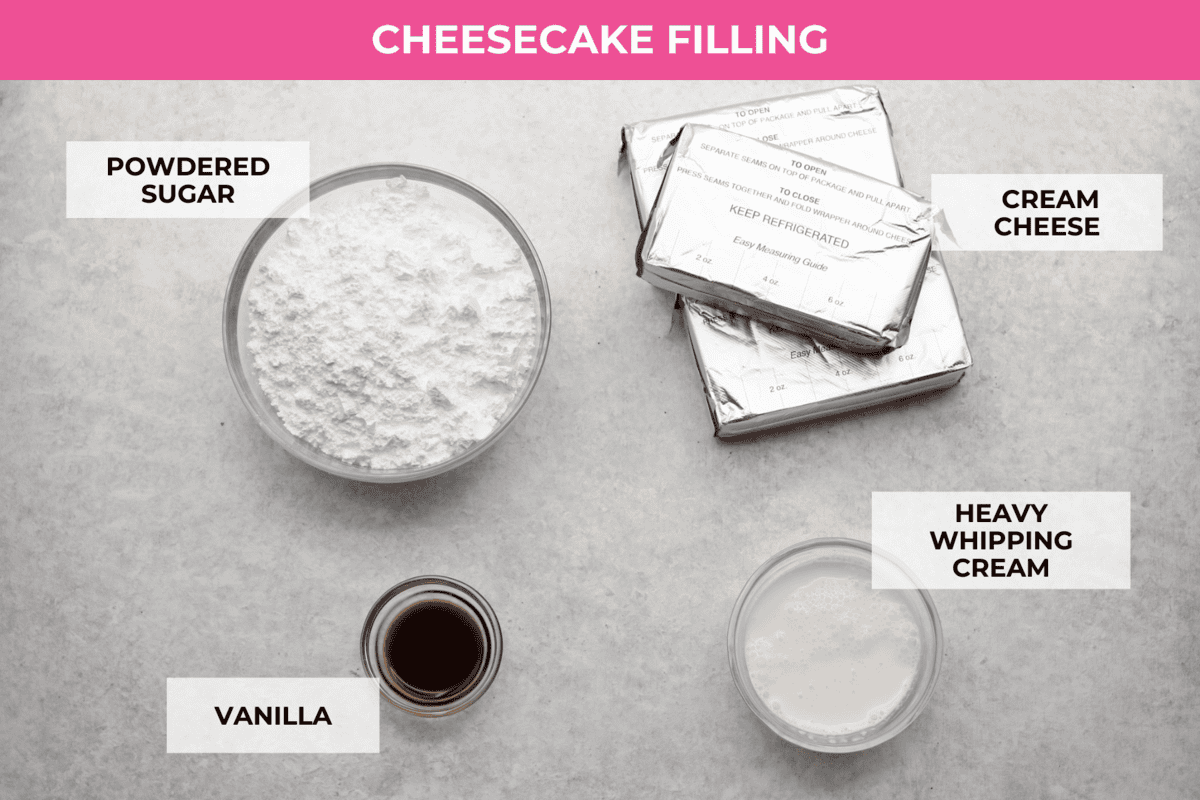 I am so excited about this recipe, it combines two of my all-time favorite desserts, cookie dough and cheesecake! With the rich Oreo crust, creamy cheesecake filling, and edible cookie dough bites, this no-bake cookie dough cheesecake will have your taste buds begging for more! overhead image of ingredients to make the cheesecake filling in various bowls, along with 3 packages of cream cheese.