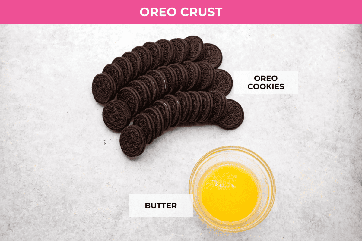 overhead shot of 30 Oreos neatly lined up and a bowl of melted butter, showing the ingredients to make the Oreo crust. 