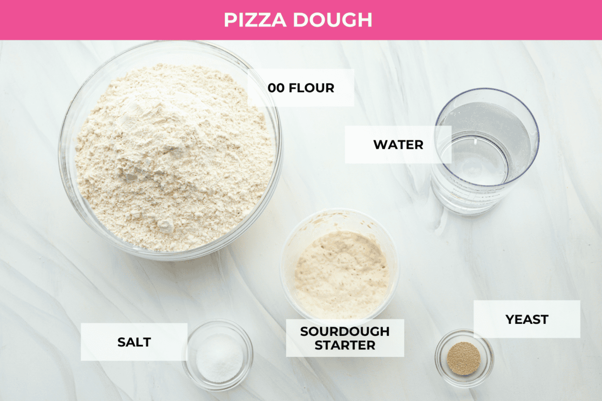 Ingredients labeled to make wood-fired pizza dough.