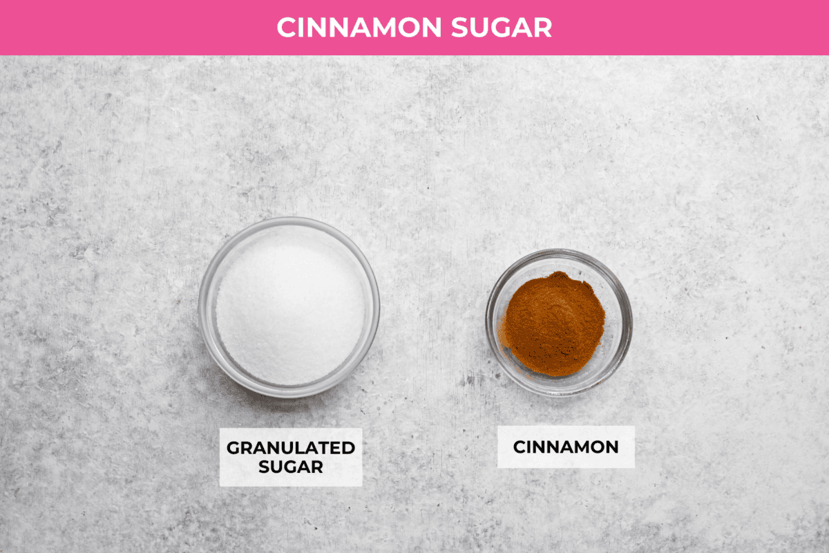 Overhead shot of labeled ingredients for cinnamon and sugar swirl. 