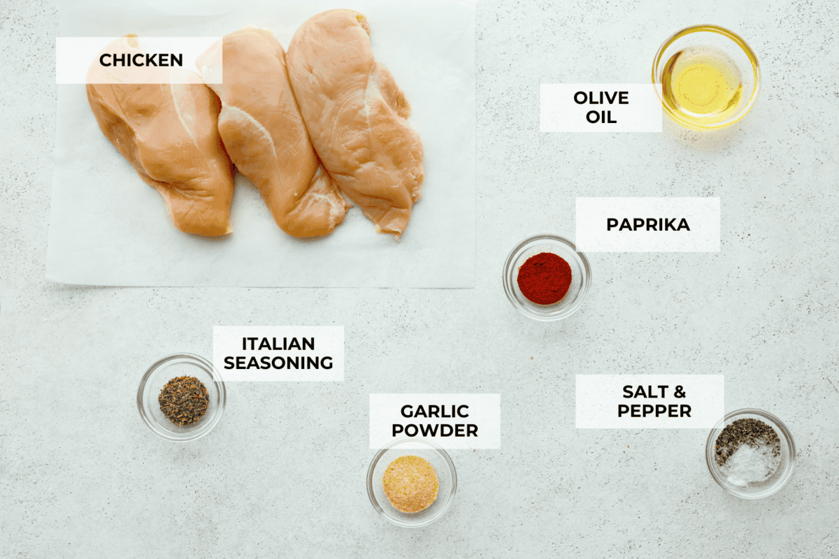 Ingredients labeled to make air fryer chicken breast.