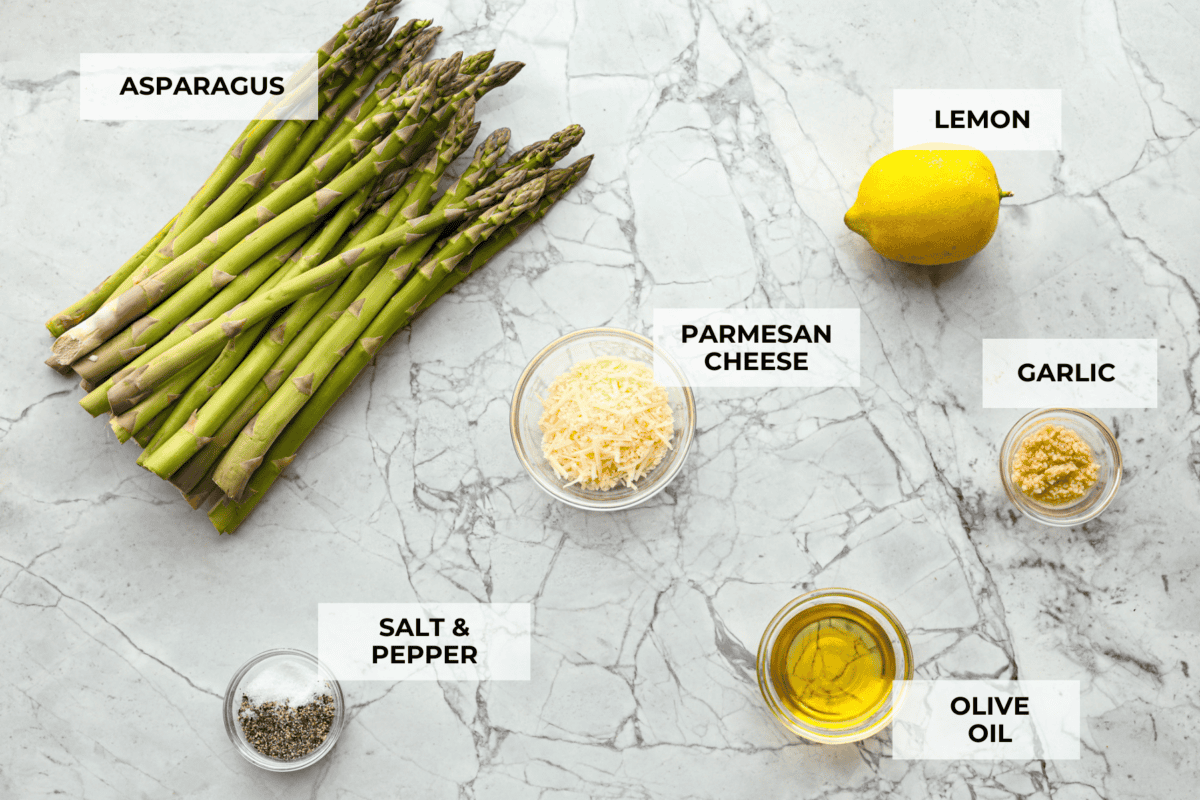 Ingredients labeled to make roasted lemon parmesan garlic asparagus.