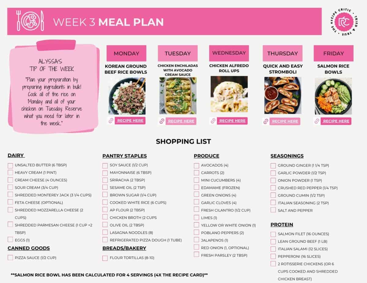 Printable Week 3 Meal Plan. 