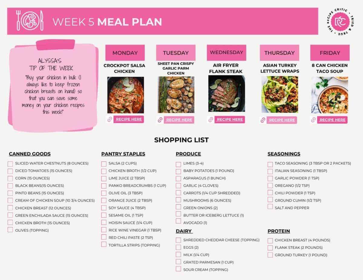 A printable meal plan with shopping list.