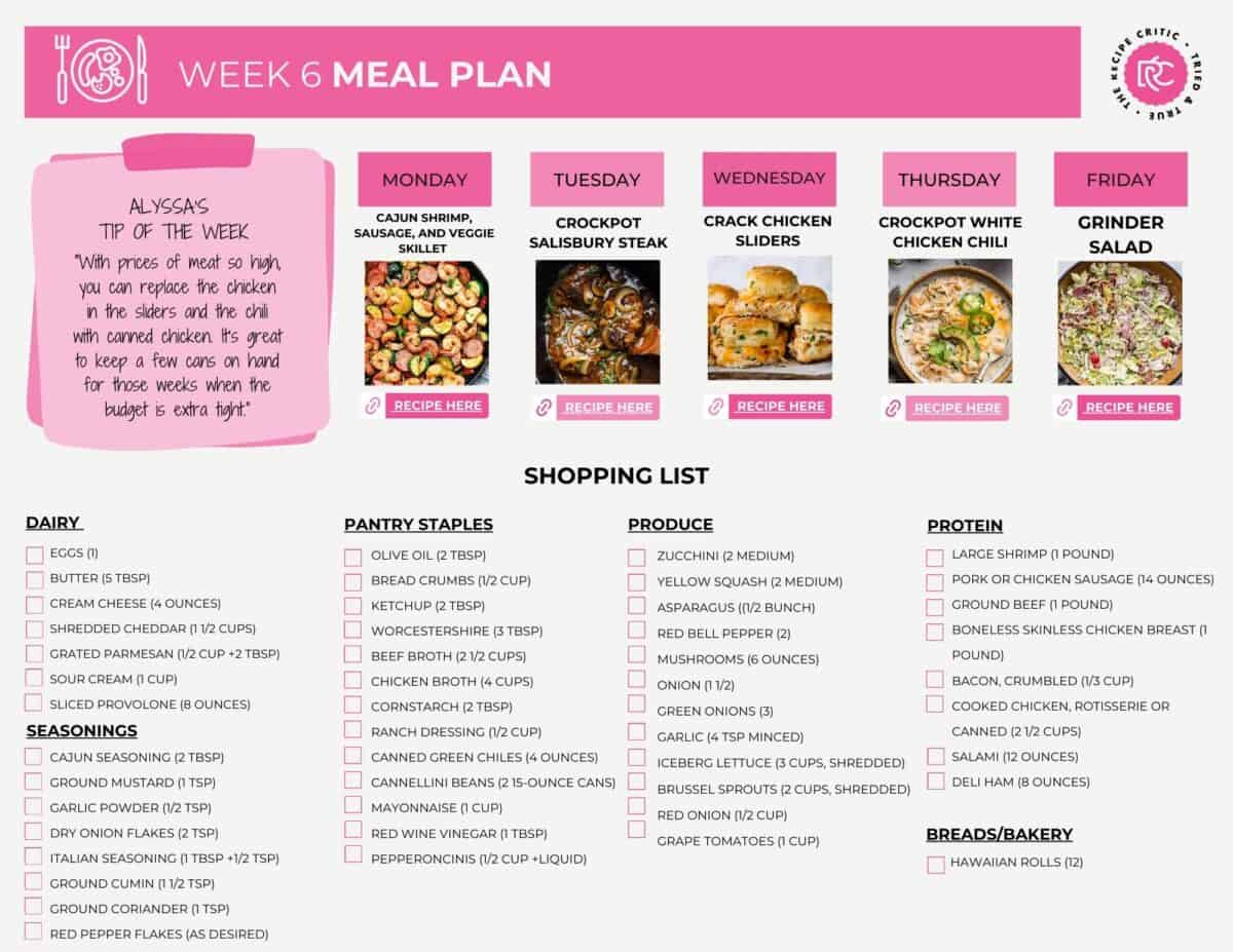 A printable menu and shopping list. 