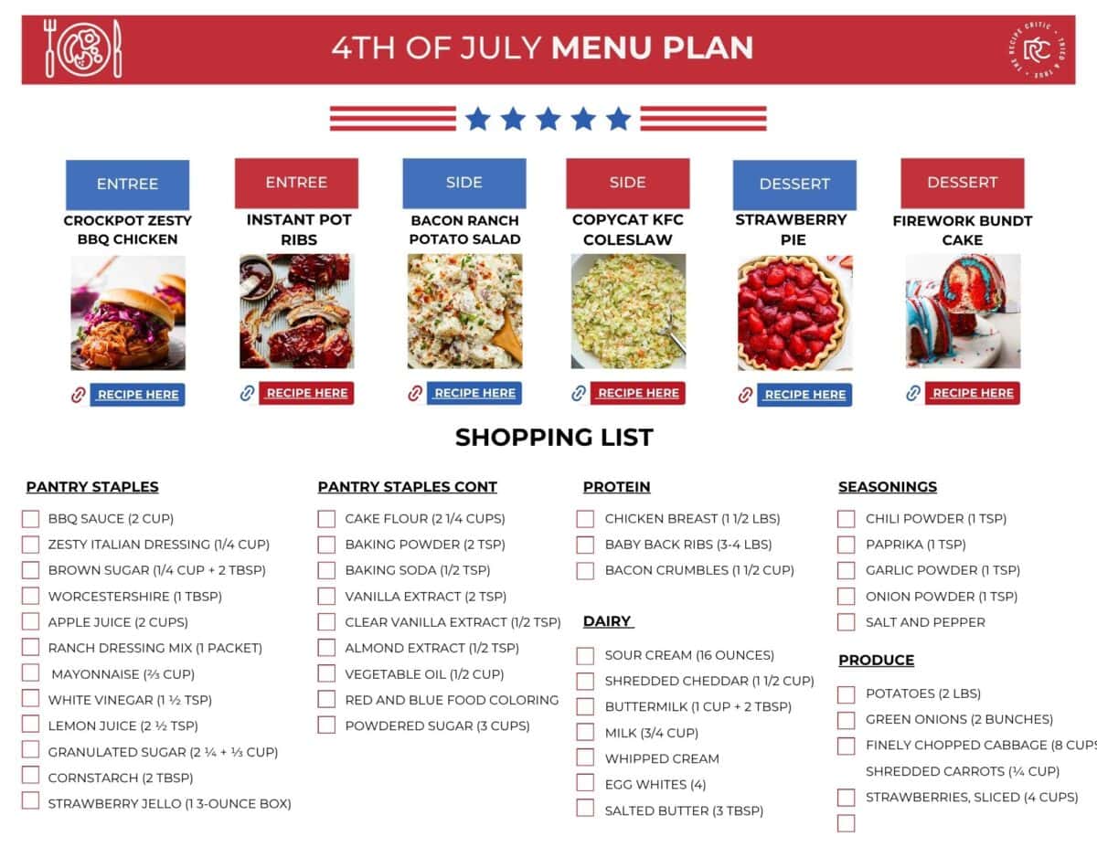 Get ready for a fun-filled 4th of July with my easy and delicious menu plan, complete with a handy shopping list! From zesty BBQ chicken to refreshing strawberry pie, I've got everything you need for the perfect holiday! Picture of the free shopping list for the 4th of July menu plan.