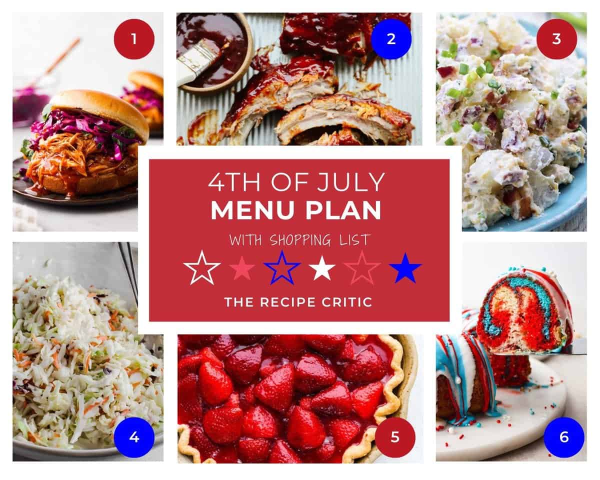 A collage of 6 recipes with a graphic that says 4th of July Menu Plan. 