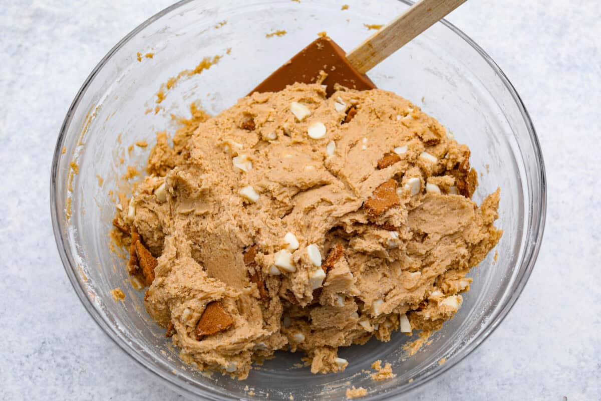 Overhead shot of a bowl of fully incorporated cookie dough. 