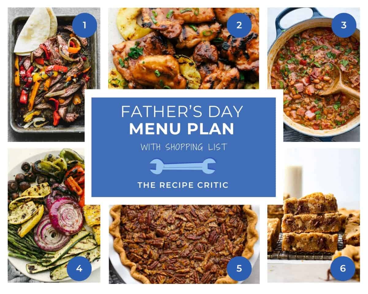 A collage of 6 recipes in a Father's Day menu plan.
