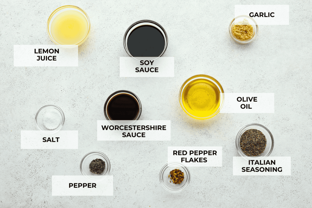 Overhead shot of labeled ingredients. 