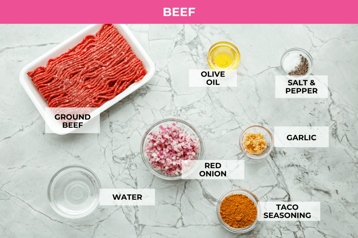 Overhead shot of labeled ingredients for beef. 