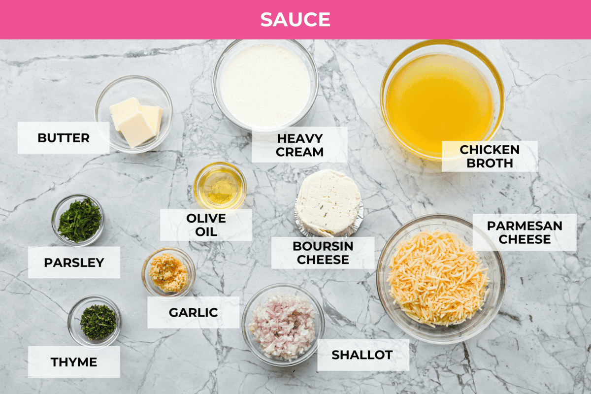 Boursin Pork Chops are savory, tender, and covered in a delicious cheesy cream sauce. This one-pan recipe is the perfect easy main that can be on your dinner table in just 30 minutes! Overhead shot of labeled sauce ingredients.