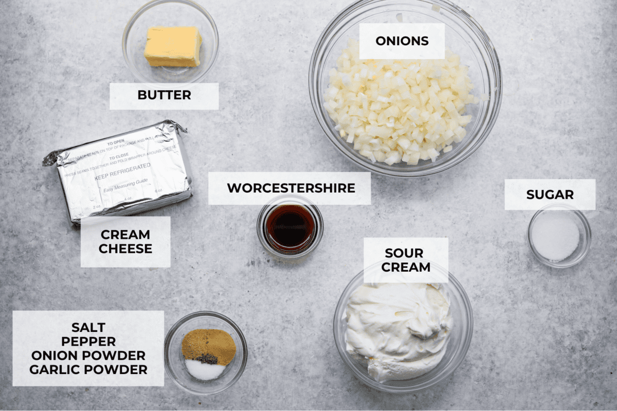 Ingredients labeled to make French onion dip.