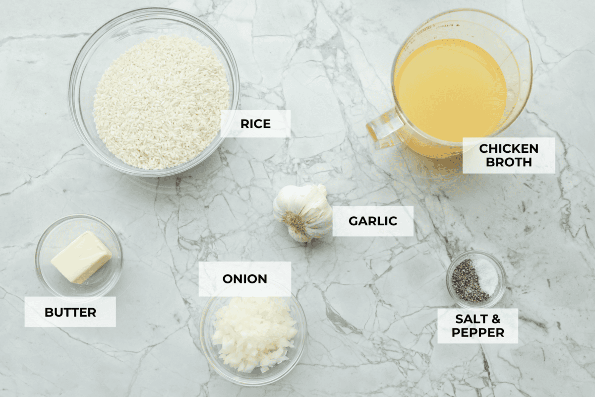 Overhead shot of labeled ingredients. 