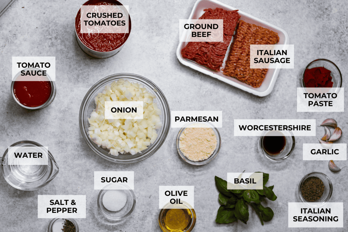 There's no need to purchase store-bought sauce, with this hearty and flavorful Homemade Spaghetti Sauce. Simple ingredients such as ground beef, onion, garlic, and spices of oregano and basil bring a bold flavor to this simple sauce. Ingredients labeled to make homemade spaghetti sauce.