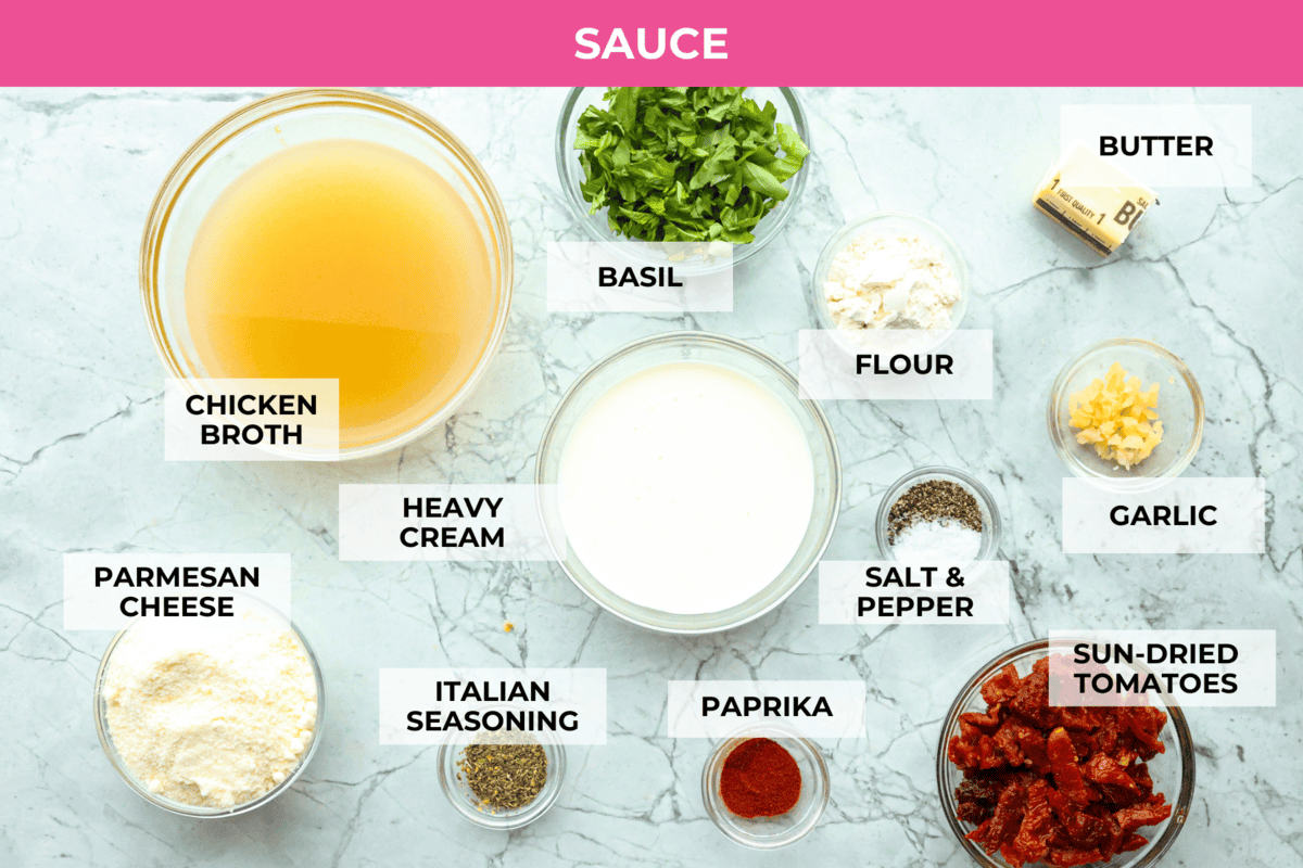 Marry Me Shrimp Pasta dazzles with robust Italian flavors. It's ready in just 30 minutes, and the creamy sauce, brimming with fresh herbs and spices, could very well lead to a marriage proposal after your first bite! Overhead shot of labeled sauce ingredients.