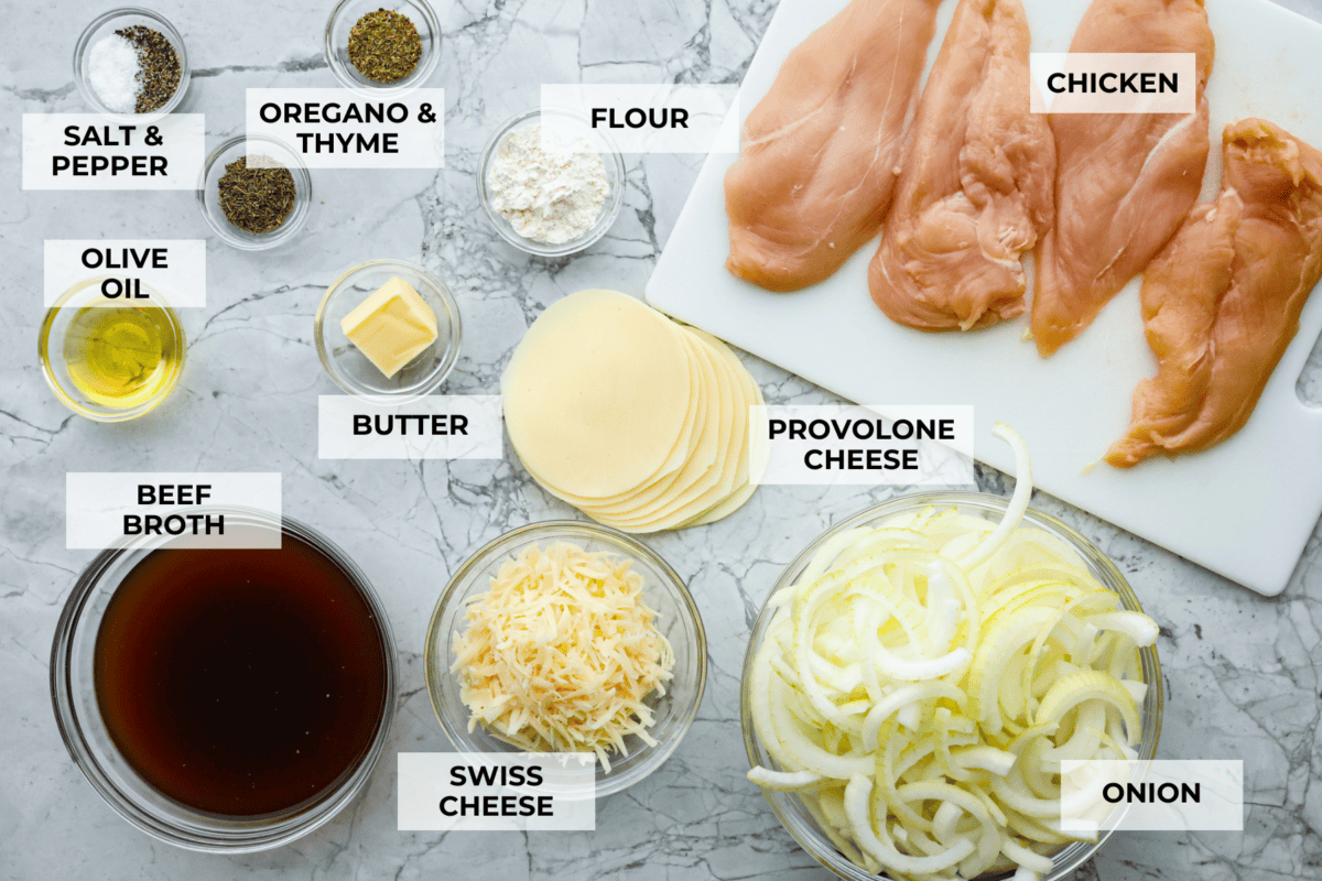 Overhead shot labeled ingredients to make French onion chicken. 