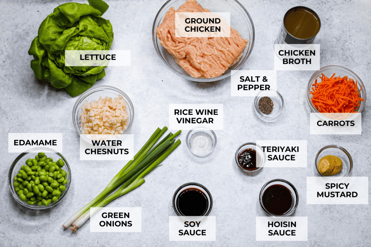 Overhead shot of lettuce wrap ingredients in separate bowls labeled. 