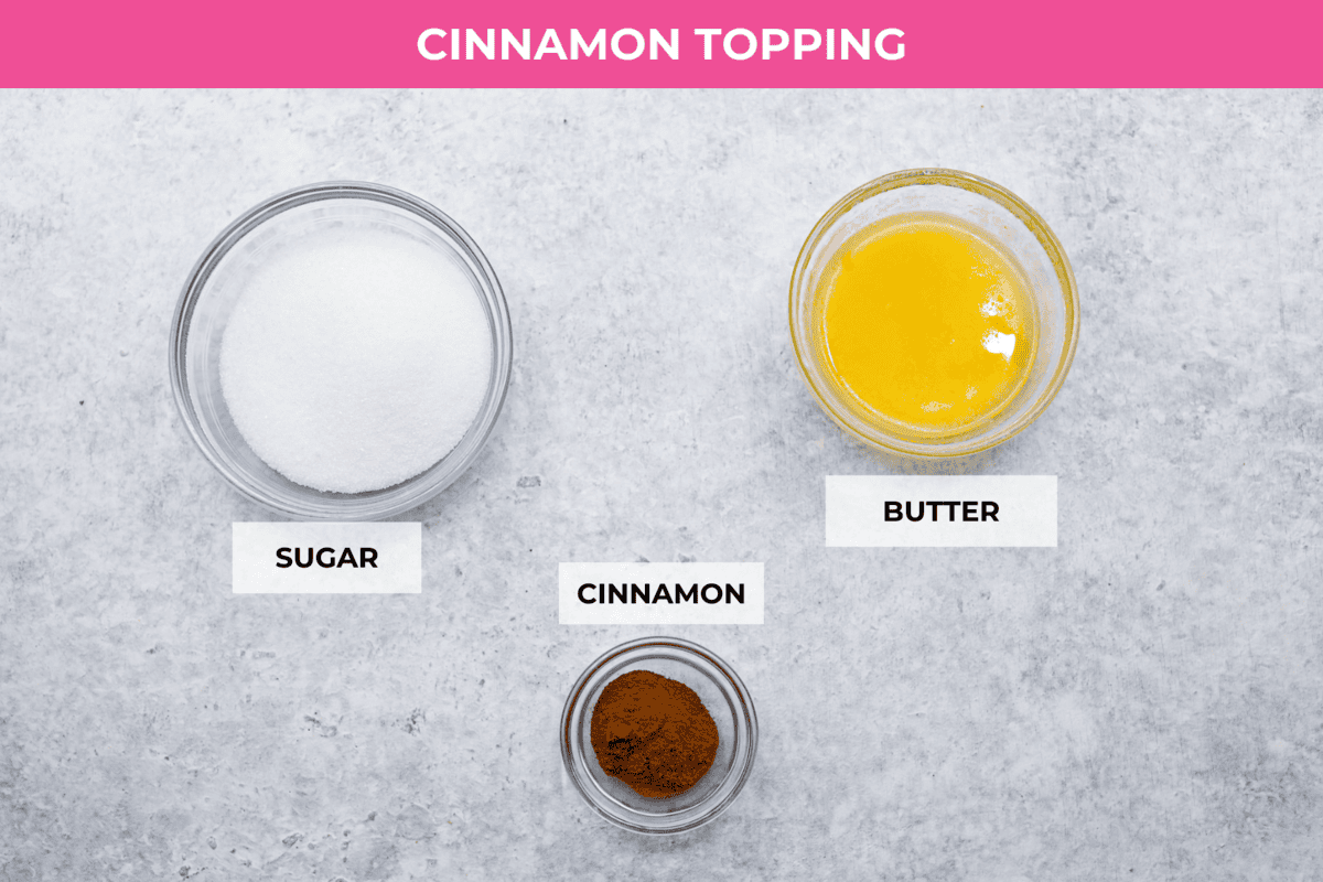 Sugar cream pie, or Hoosier pie, is a creamy, delicious treat with deep roots in the Midwest, especially in Indiana. You can top it however you like, serve it warm, at room temperature, or even chilled. Give this simple recipe a go. I know you’ll love it! Overhead shot of labeled cinnamon topping ingredients.