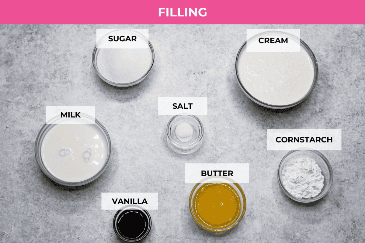 Sugar cream pie, or Hoosier pie, is a creamy, delicious treat with deep roots in the Midwest, especially in Indiana. You can top it however you like, serve it warm, at room temperature, or even chilled. Give this simple recipe a go. I know you’ll love it! Overhead shot of labeled sugar cream pie filling ingredients.