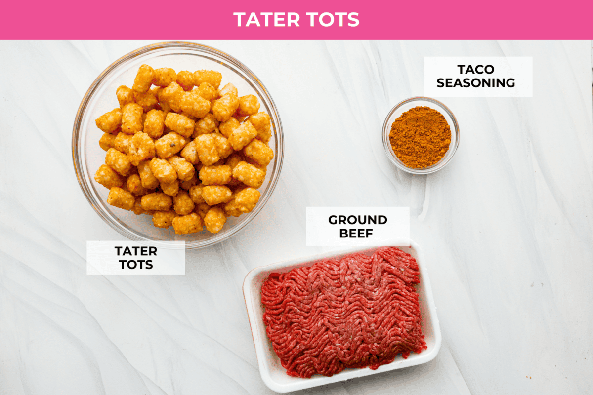 overhead shot of labeled tater tot nacho ingredients. 