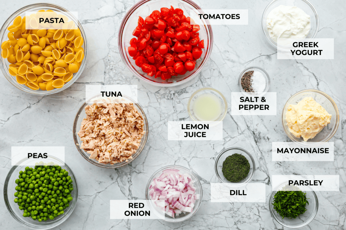 Ingredients listed to make tuna pasta salad.