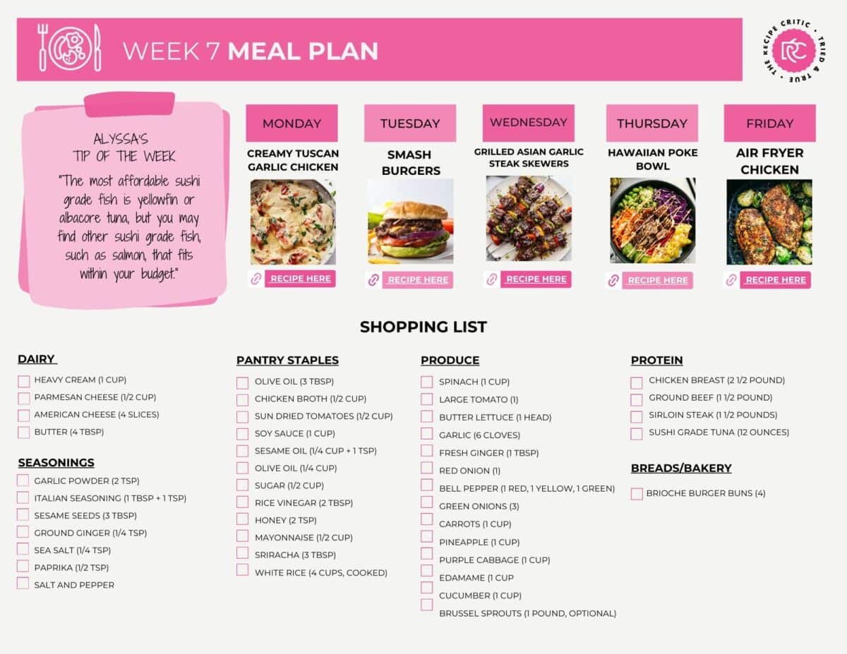 A pdf of a meal plan with recipes and shipping list. 