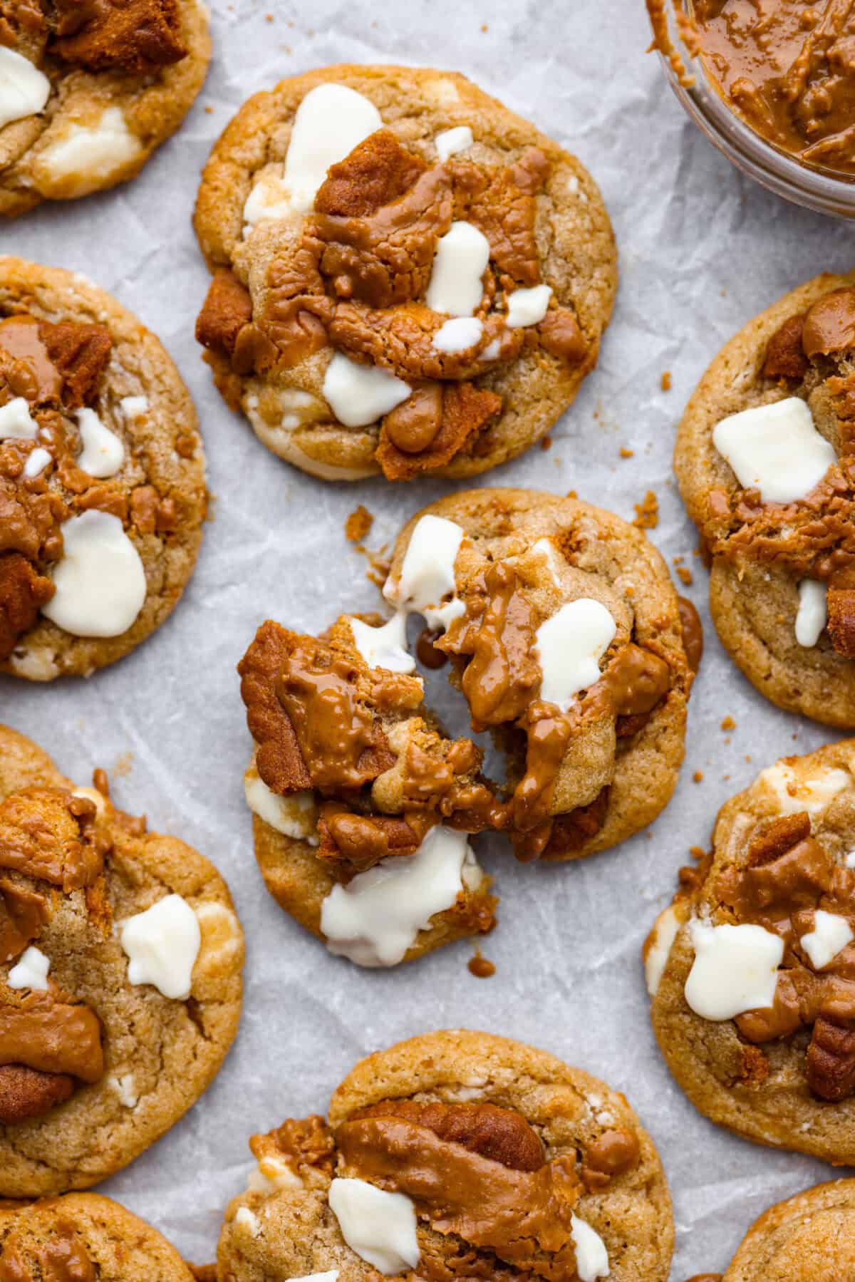 Close up shot of baked Biscoff cookies on a cookie sheet. 