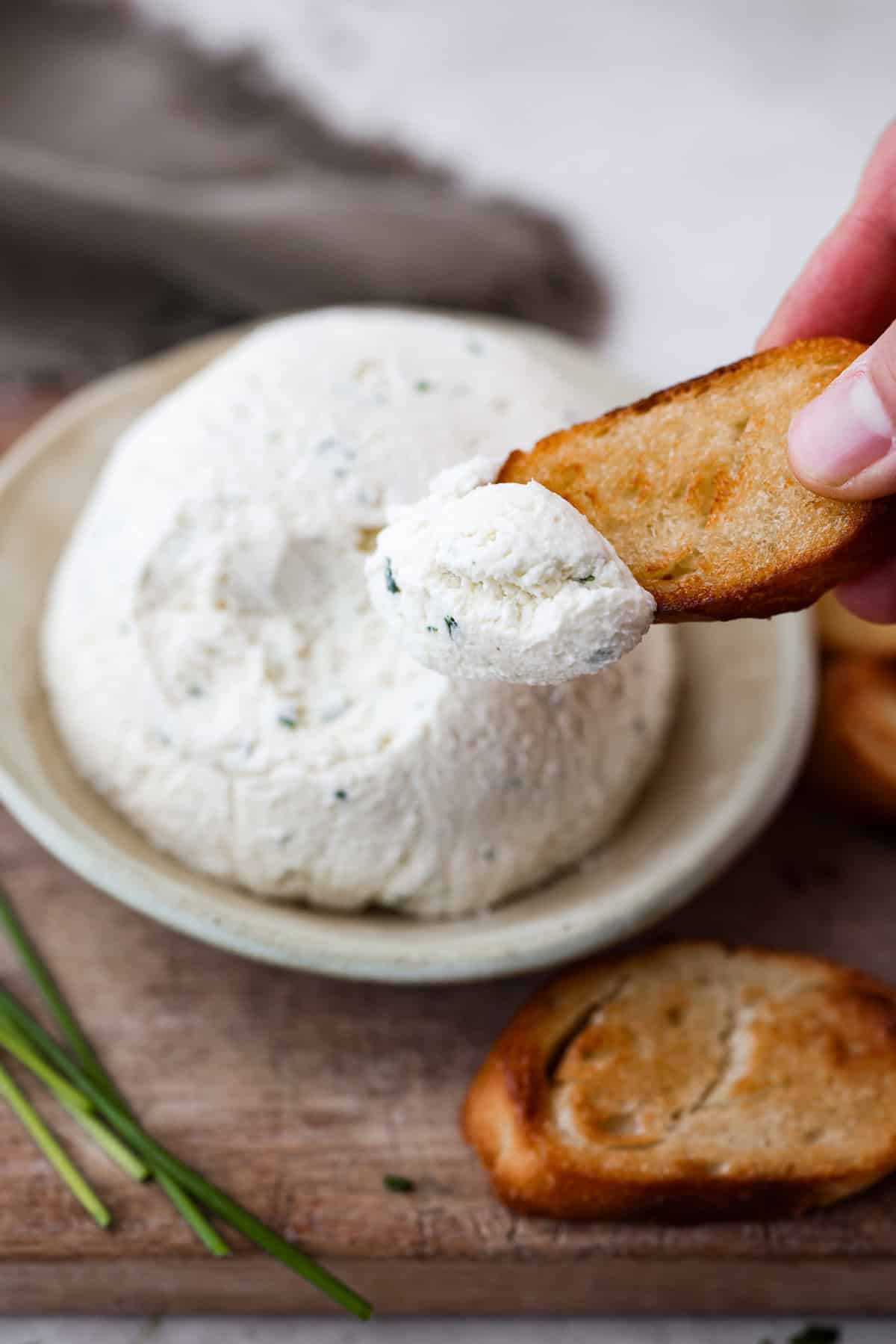 Boursin cheese is soft, creamy, and bursting with herbal flavor. Its texture is similar to cream cheese, making it incredibly versatile. It shines as a dip, enhances pasta dishes, complements meats, enriches sauces and soups, and so much more! Angle shot of someone scooping a bite of cheese with a piece of crostini bread.