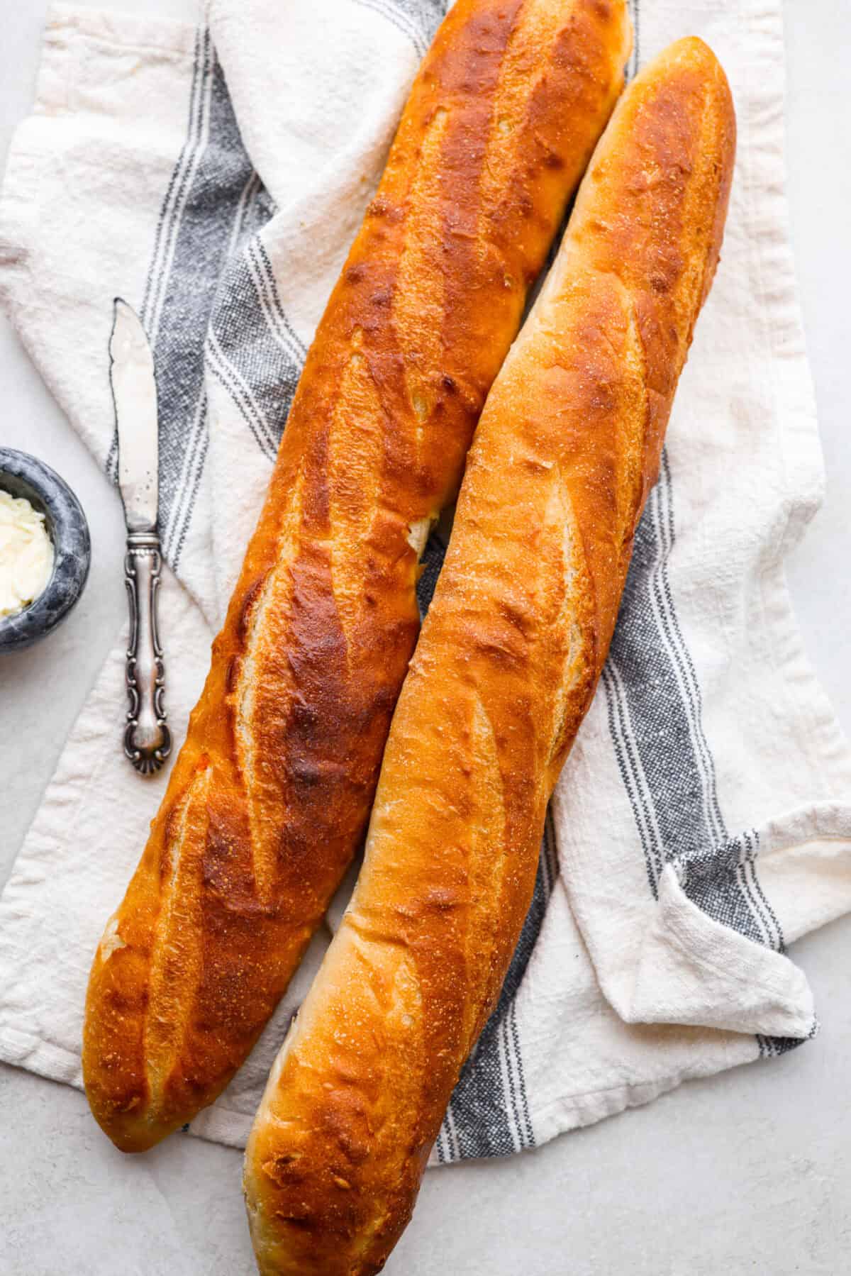 Overhead shot of two french Baguettes. 