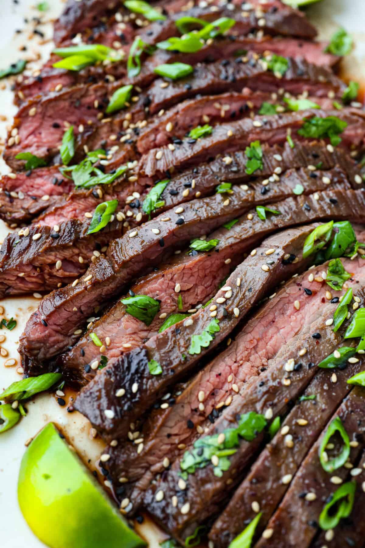 close up shot of sliced steak. 