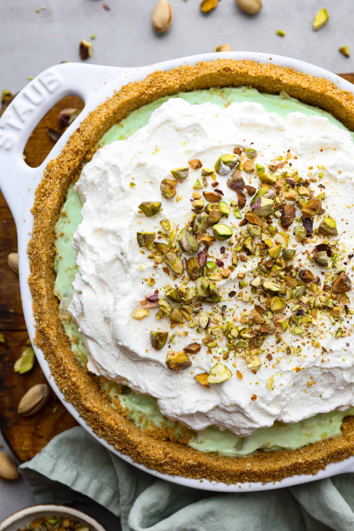 Top view of the no-bake pistachio cream pie garnished with pistachios.