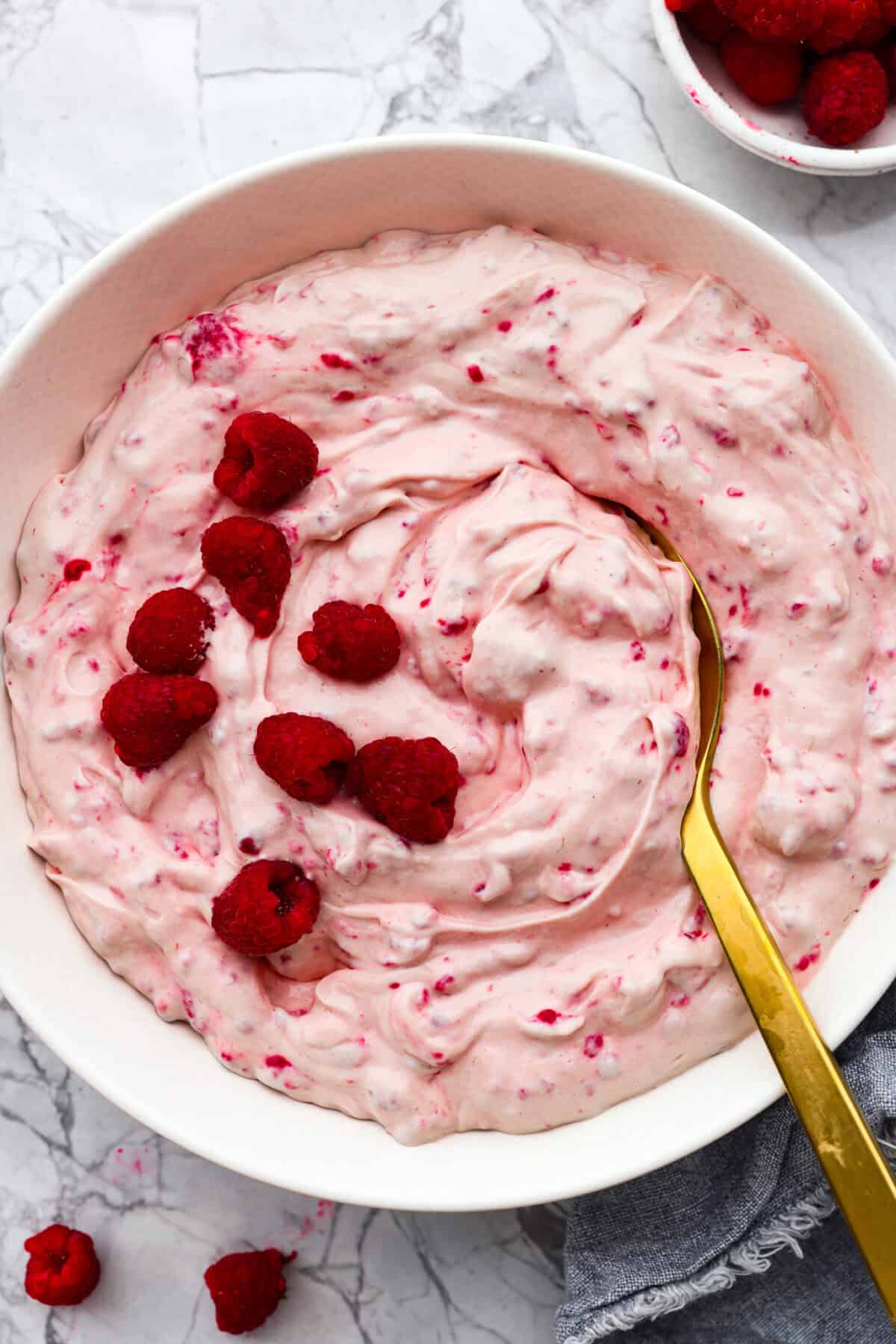 The top view of a raspberry fluff salad. 