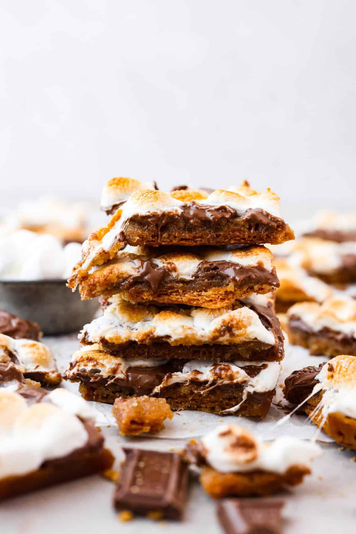 Side shot of a stack of s'mores crack pieces. 