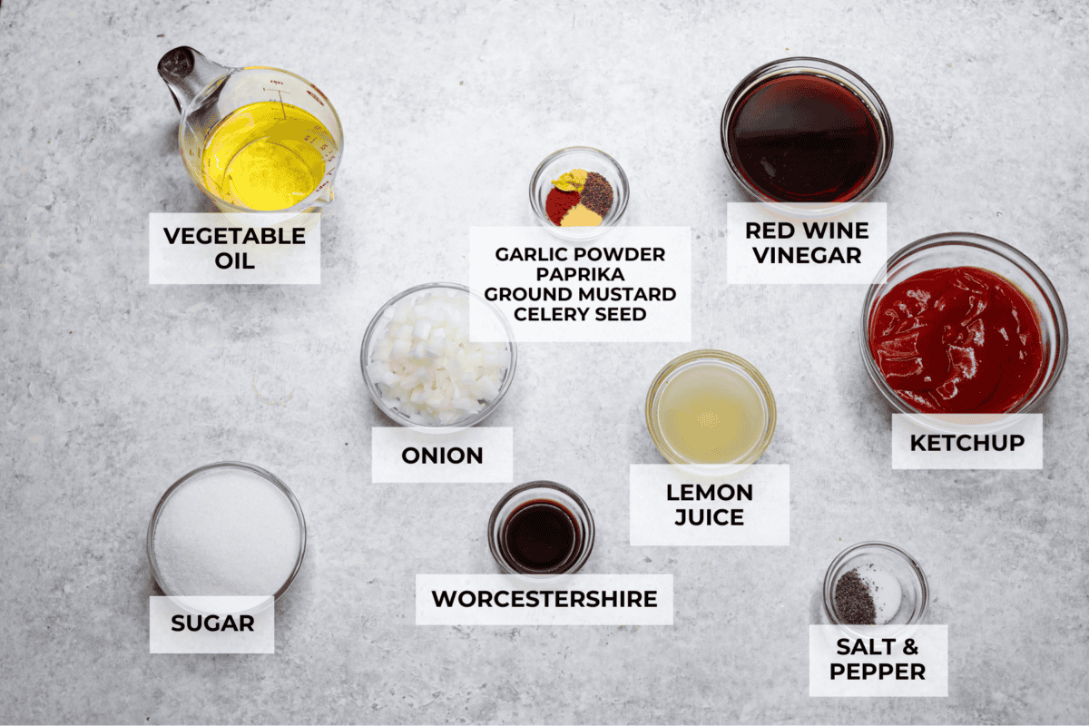 Overhead shot of labeled ingredients. 