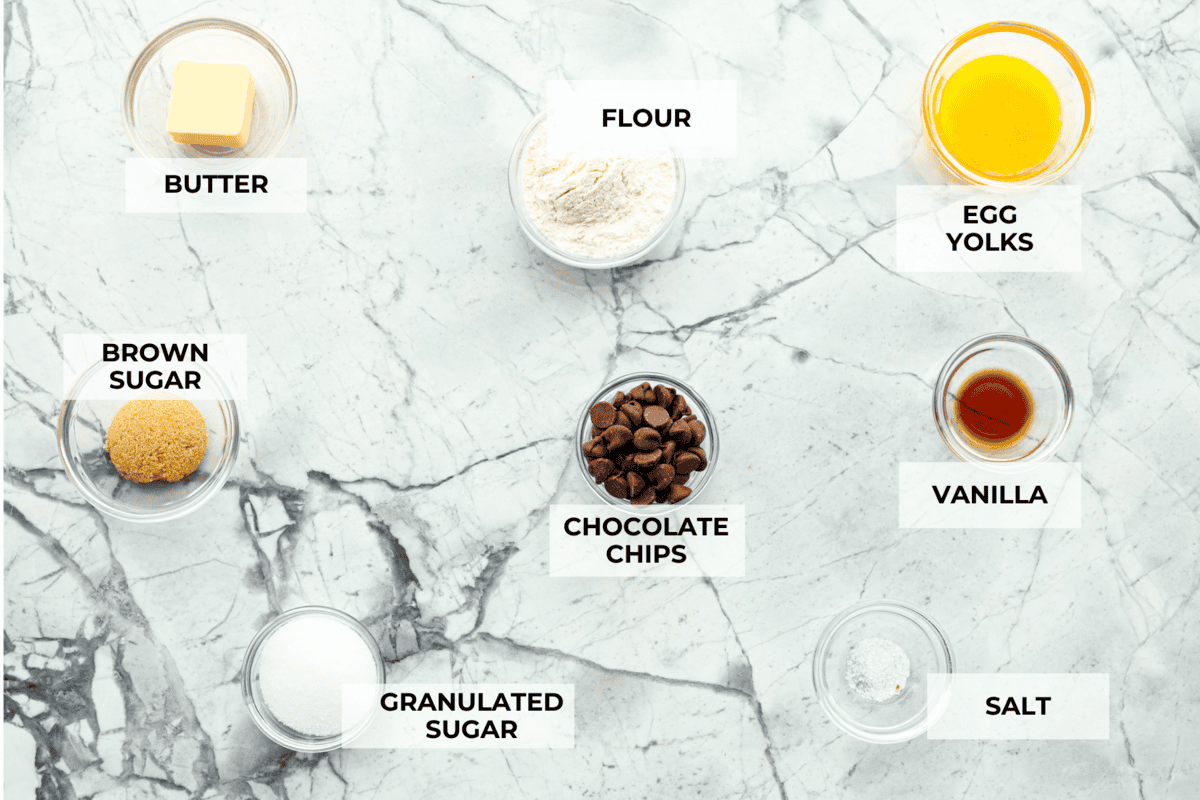 This cookie in a mug recipe is the perfect way to satisfy your cookie craving. In just a few minutes, you can enjoy a warm, buttery, ooey-gooey cookie right in your own mug. Top it with a scoop of ice cream or a dollop of whipped cream, and you'll find yourself in cookie heaven! Overhead shot of labeled ingredients.