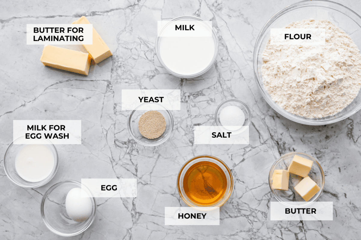 Overhead shot of labeled ingredients. 