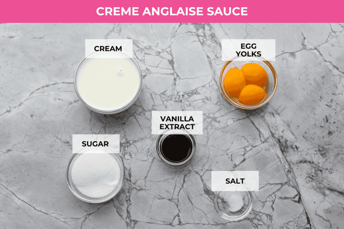 Ingredients labeled to make the creme anglaise sauce.