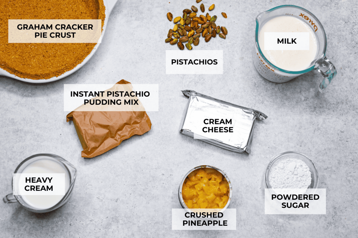 Ingredients labeled to make no bake pistachio cream pie.