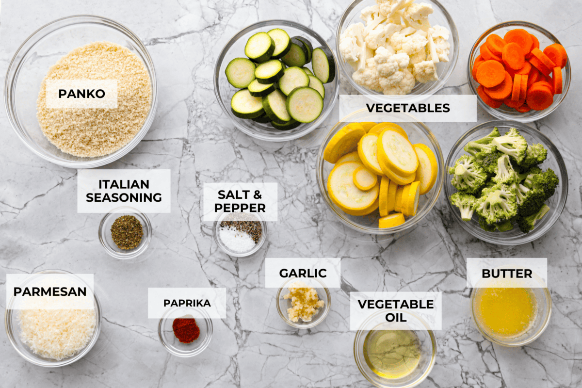 Overhead shot of labeled vegetables. 