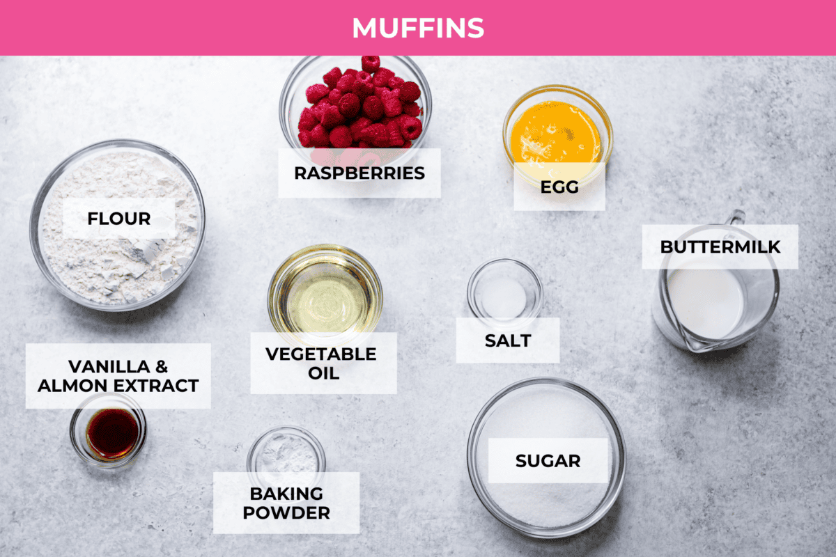 Overhead shot of labeled muffin ingredients. 