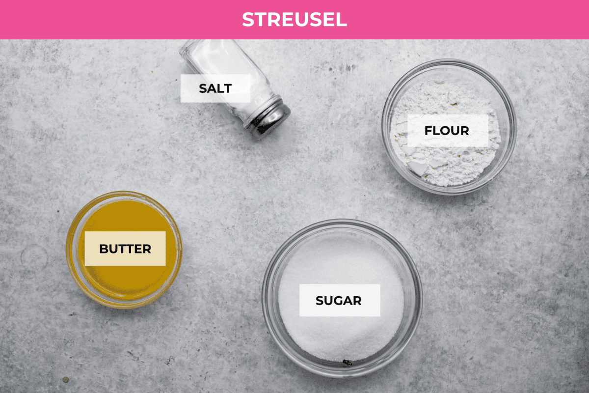 Overhead shot of labeled streusel ingredients. 